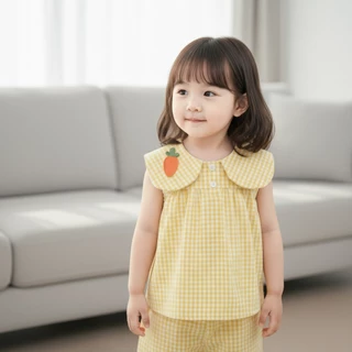 Babyonline (Y133)I2 (ส่งด่วน1วัน)ชุดเซ็ต2ชิ้นเสื้อกางเกงขาสั้นสำหรับเด็กผู้หญิงลายสก็อต ผ้าฝ้าย