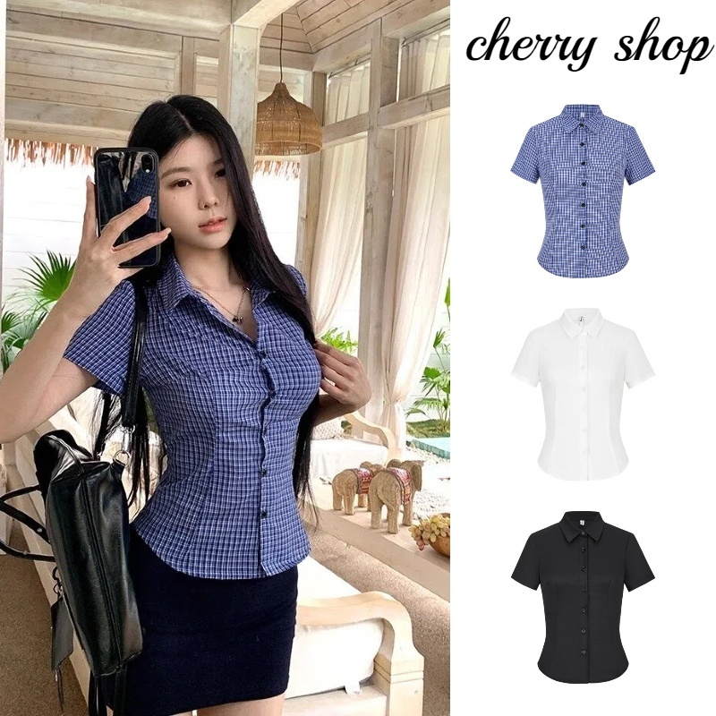 cherryshop พร้อมส่ง เสื้อครอปคอโปโลย้อนยุคสไตล์เกาหลีสำหรับผู้หญิงในช่วงฤดูร้อน สไตล์สลิมฟิต กระดุมแถวเดียว เซ็กซี่