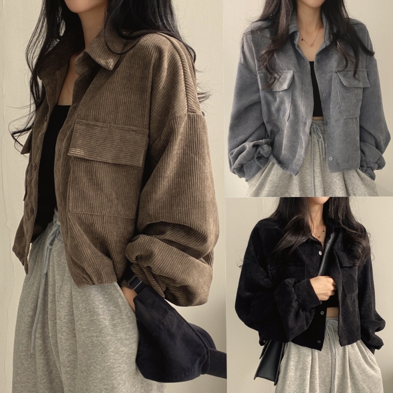 🌻Grace🌻🔥เสื้อเชิ้ตทำงานคอปกแขนยาวผู้หญิง แจ็คเก็ตผู้หญิง  vintage ใส่ได้ทุกฤดูอบอุ่น W273
