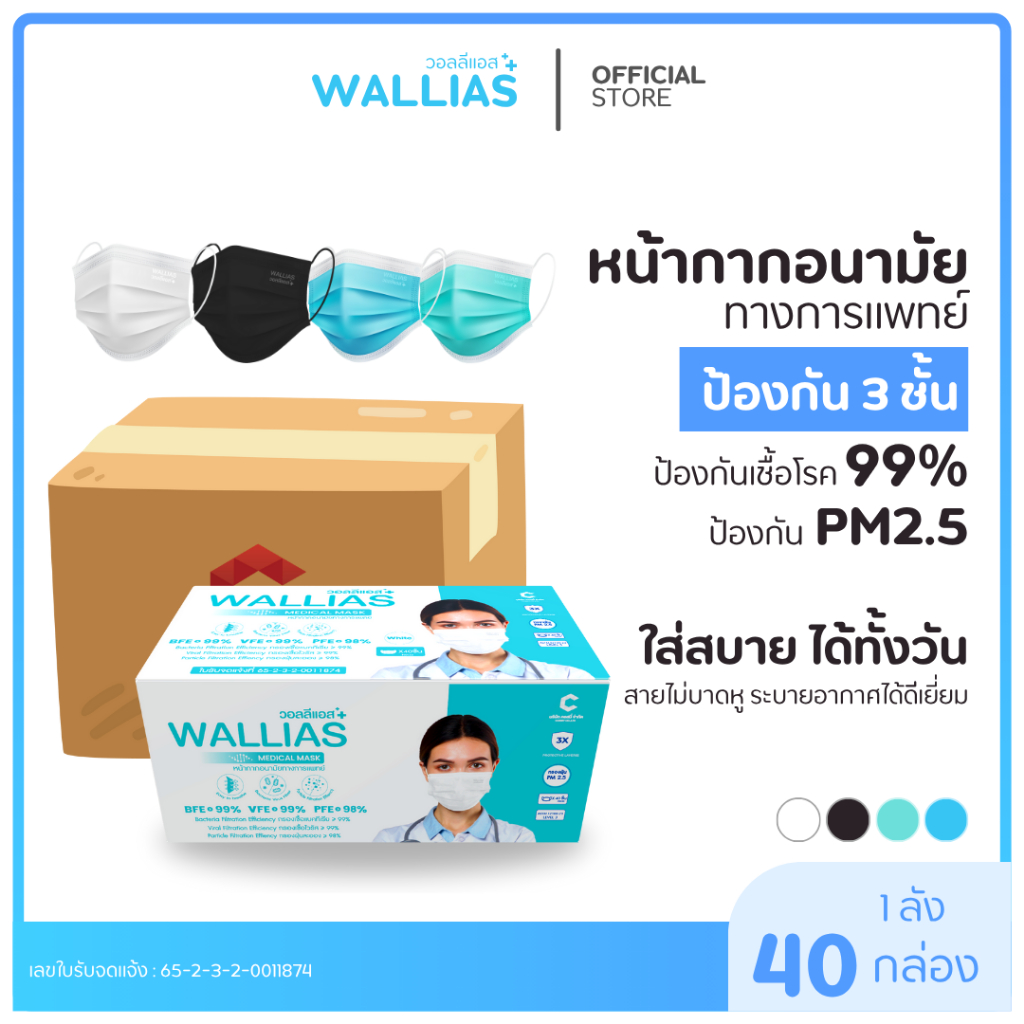 【แมสยกลัง】หน้ากากอนามัย [กล่องละ50ชิ้น] BFE>99% หน้ากากอนามัยทางการแพทย์ 3ชั้น Wallias วอลลิแอส 4สี ยกลัง