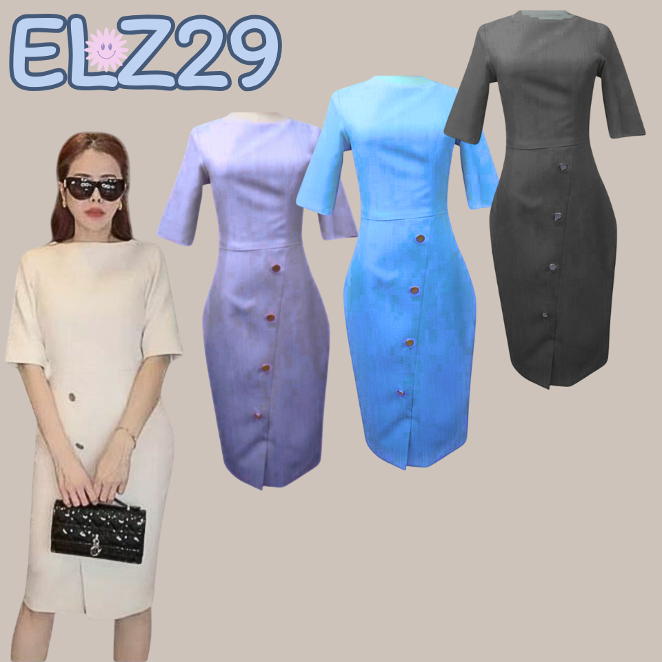 ELZ29 ชุดเดรส กระดุมทอง ผ้าลินินนำเข้า