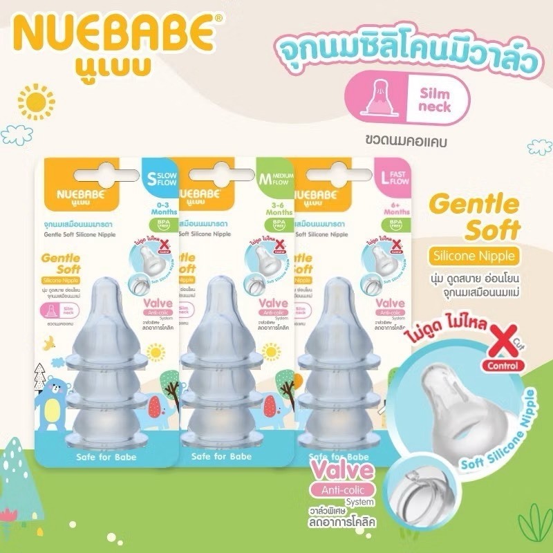นูเบบ จุกนมคอแคบ รุ่นกันสำลัก แพค3ชิ้น Nuebabe Silicone Nipple