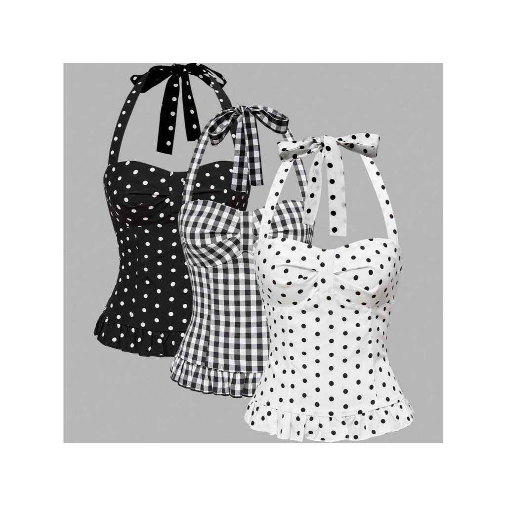 Lamoon【พร้อมส่ง】เสื้อฮอลเตอร์ผูกคอ ลายจุด/ลายตาราง ลุควินเทจสุดเก๋ #30572