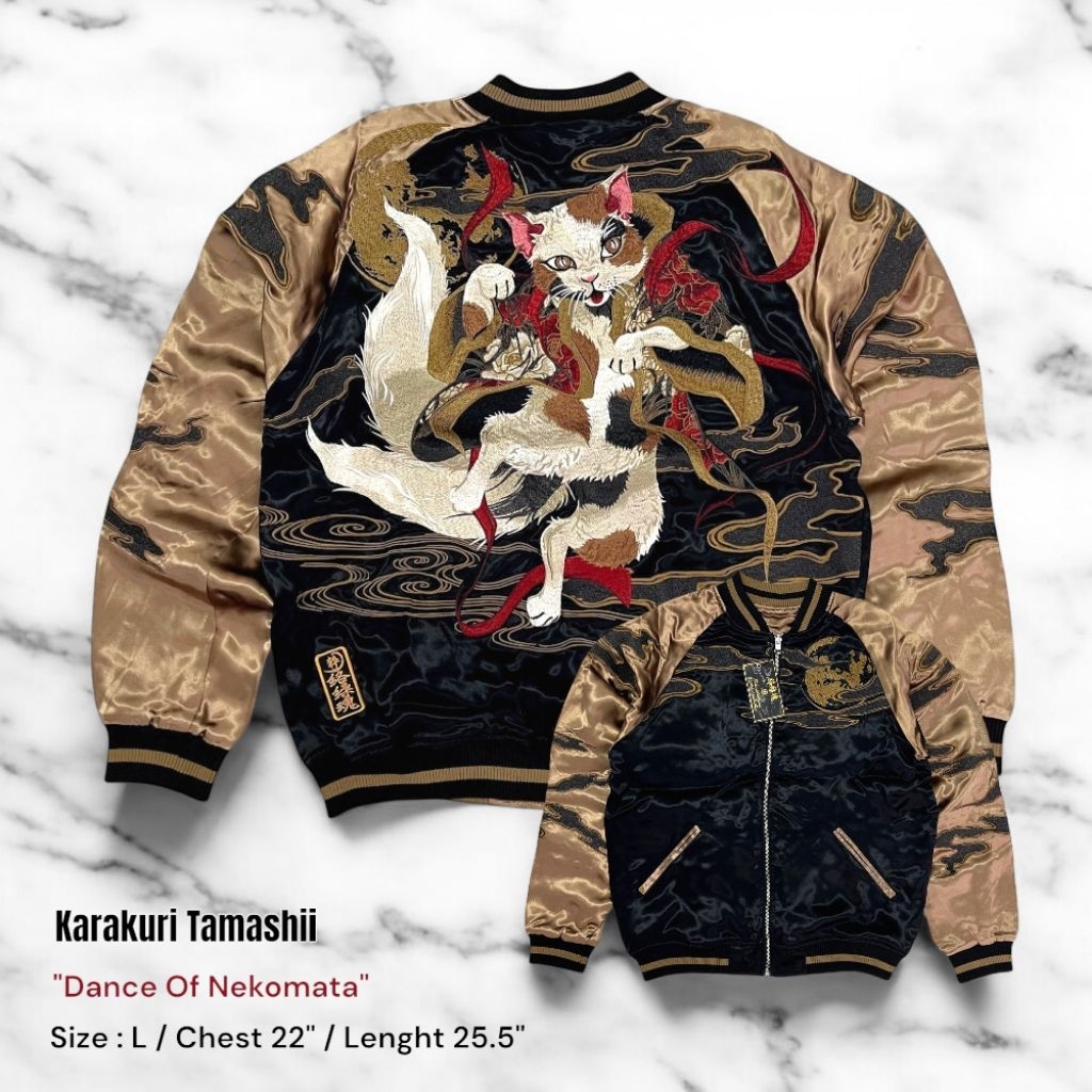 Sukajan Jacket Karakuri Tamashii ลายแมว ผีญี่ปุ่น แจ็คเก็ตญี่ปุ่น เสื้อปักลายญี่ปุ่น สไตล์เกาหลี ของ