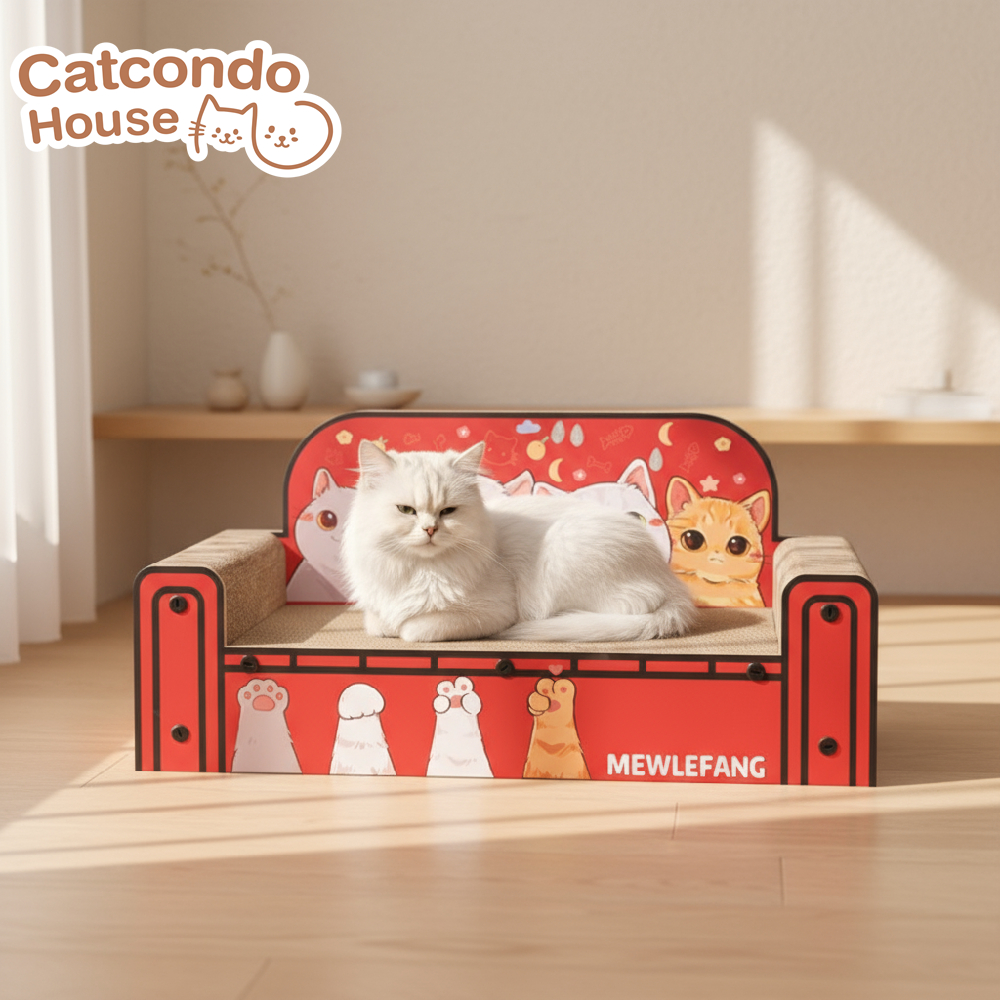 Cathouse โซฟาลายแมวสีแดง , กล่องทีวีคาเฟ่ สีครีม บ้านกระดาษลูกฟูกแมว ดีไซน์ทีวี & โซฟาแมวลายการ์ตูน