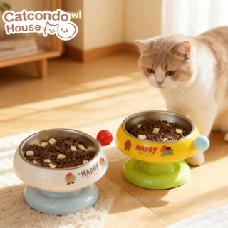 Cathouse ชามhappyลูกตุ้มแดง ชามอาหารแมวสแตนเลสยกสูง ฐานกันลื่น ถอดล้างง่าย ป้องกันคางดำ