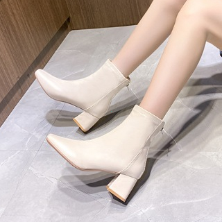 💖สินค้ามาใหม่💖รองเท้าบูทผู้หญิงสุดเก๋ รองเท้าบูทหนัง PU ส้นตึก ส้นสูง 6 ซม./2.36 นิ้ว ซิปหลัง