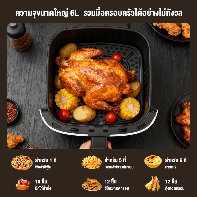 CAMEL หม้อทอดไร้น้ำมันแบบมีถาด 6L มัลติฟังก์ชั่น ร้อนเร็ว 360° ไม่ต้องพลิกกลับด้าน ทำความสะอาดง่าย​ thumbnail 4