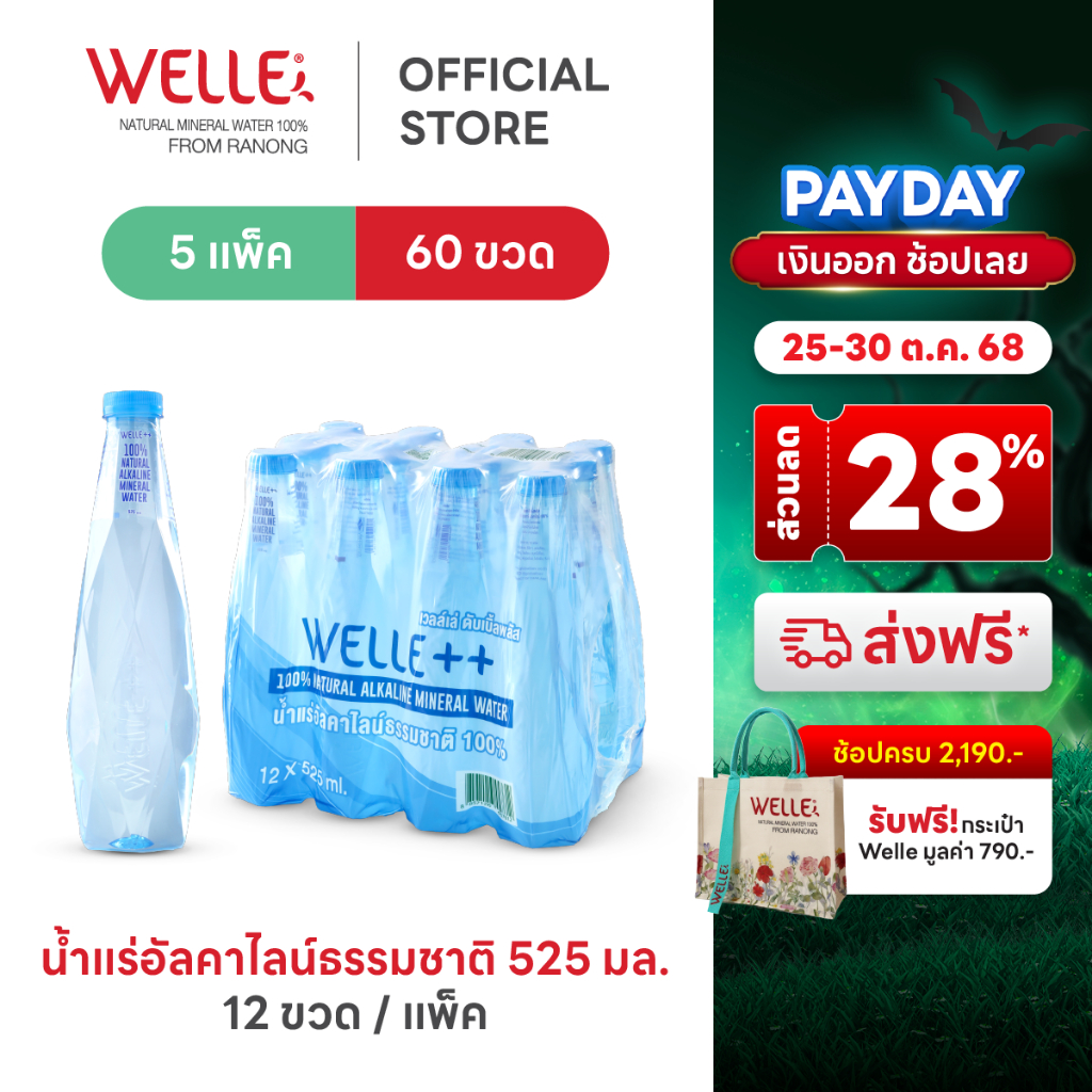 New (60 ขวด) Welle Alkaline Mineral Water น้ำแร่เวลล์เล่ 525 มิลลิลิตร 5 แพค จากแหล่งน้ำแร่ระนอง