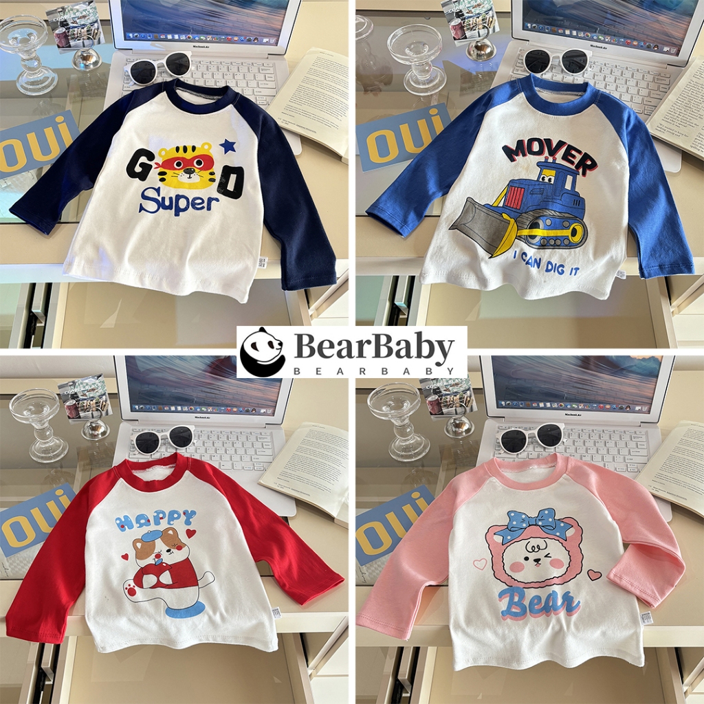 เสื้อแขนยาวเด็ก เสื้อคอกลมเด็ก สีทูโทน พิมพ์ลายการ์ตูน ผ้านุ่ม ใส่สบาย ไซส์73-120