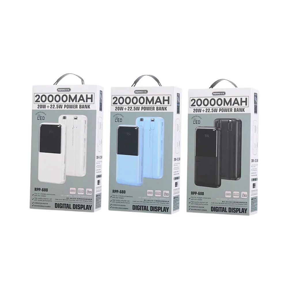[ CCC ] Remax Power Bank 20000mAh (RPP-680) - แบตสำรอง มีสายในตัว ชาร์จเร็ว 3 พอร์ต output USB Type-
