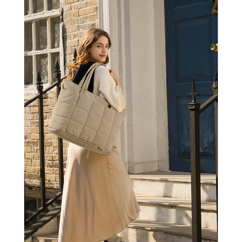 BAGSMART สามารถขยายได้ Tote Bag สำหรับผู้หญิง กระเป๋ามือทำงานพัฟเฟอร์ กระเป๋าออกกำลังกายเดินทาง Carry-On Quilted - รูปที่ 7