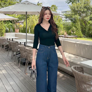 กางเกงกระบอก กางเกงยีนส์เอวสูง ใส่เเล้วดูผอม ขากว้าง เข้ากับทุกสไตล์ หลายสีให้เลือก #11141