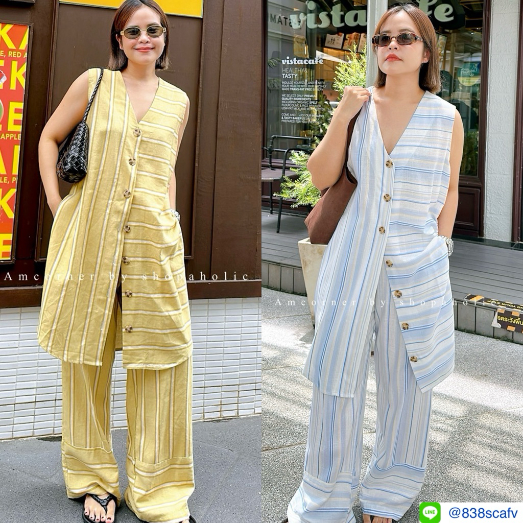 📌ทักก่อนสั่ง📌 ชุดเซท2ชิ้น เสื้อแขนกุดตัวยาว ปกเชิ้ต อก44“ + กางเกงเอวสม็อค Amcorner