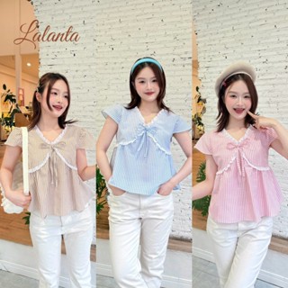 เสื้อคอวี ผ้าคัตตอน แต่งลูกไม้ #FF179