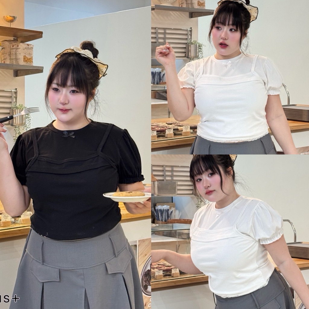 /WP/ เสื้อแขนตุ๊กตาแต่งชายลูกไม้ สาวอวบ มีไซส์อก38-52 มีดีเทลเหมือนใส่2ชิ้น เรียบแต่เก๋ เอวรี่เดย์ลุค เบสิกแมทช์ง่าย