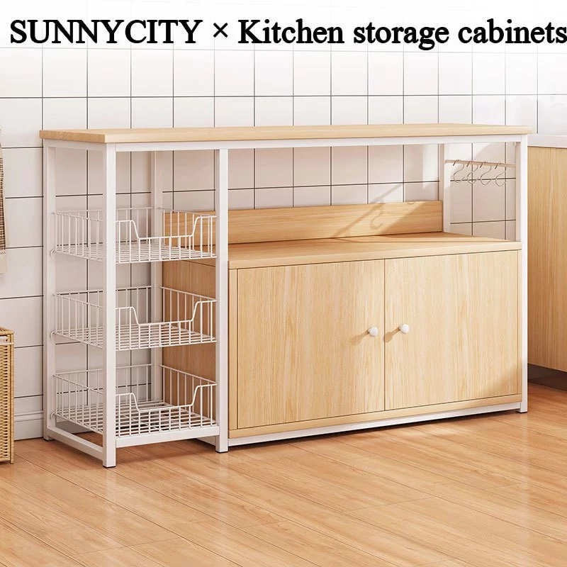 120cm เคาเตอร์ครัว ชนิดไม้+โครงเหล็ก ชั้นวางอเนกประสงค์ cupboard มีตู้เก็บของด้านล่าง แข็งแรง ดูดีตา ชั้นวางของในครัว