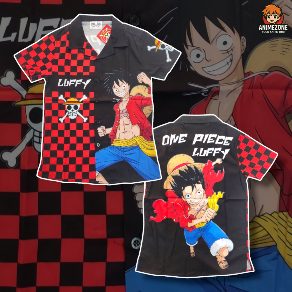 เสื้อเด็ก LUFFY(ลูฟี่) เสื้อฮาวาย เสื้อการ์ตูนเด็ก วันพีช One Piece สีดำ-แดง ลิขสิทธิ์แท้