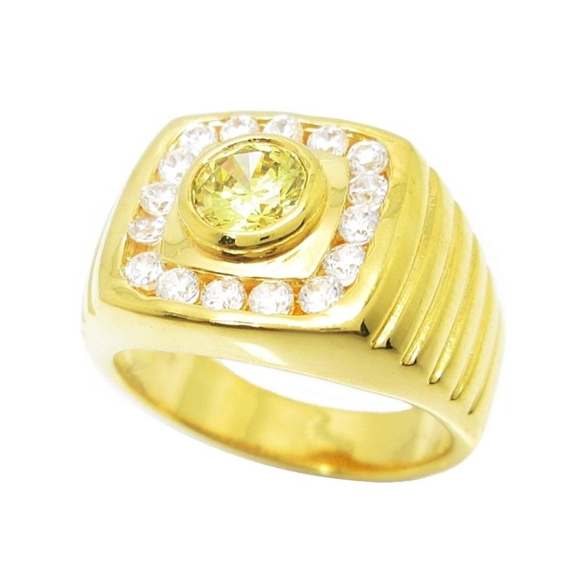 แหวนผู้ชาย พลอยบุศราคัม ล้อมเพชร ชุบทอง