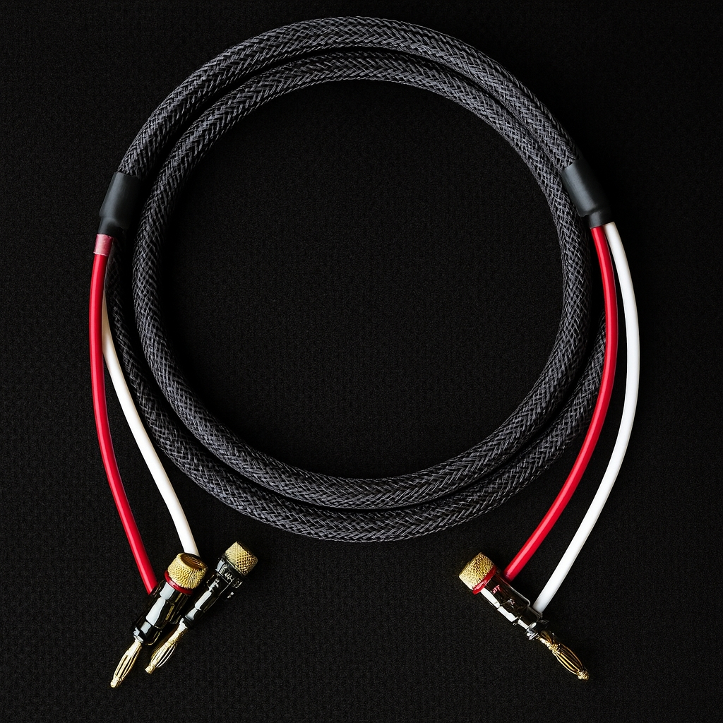 สายลำโพง MVS M-SP250 หุ้มสายถักสีดำ เข้าหัว Banana Plug Nakamichi Screw Lock (เลือกความยาวได้ 1–6 เมตร)