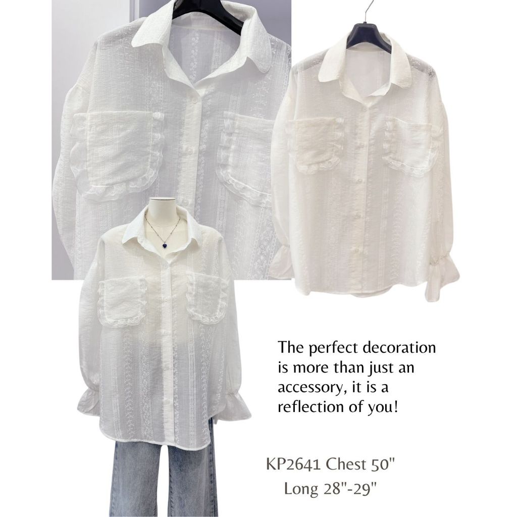 เสื้อเชิ้ตแขนยาวทรงเกาหลี แต่งระบายกระเป๋าเนื้อผ้าสวยอย่างดี หยิบมาใส่แมทช์ขาสั้น2641