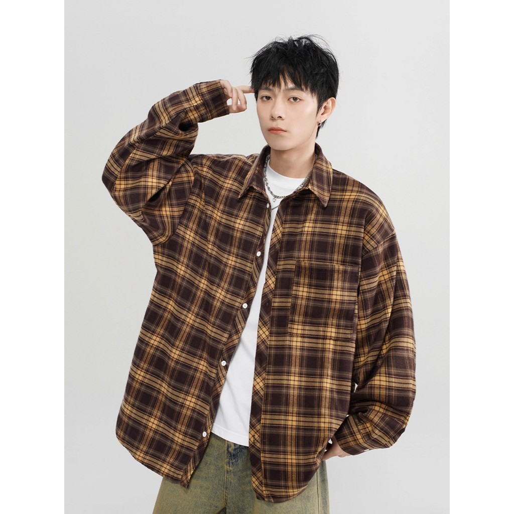 🌞U.mi🌞 เสื้อเชิ้ตแขนยาว สไตล์เรโทร ลายสก๊อต เนื้อผ้านุ่มระบายอากาศได้ดี สไตล์เกาหลี ใส่ได้ทั้งชายและหญิง ทรงหลวม M-3XL