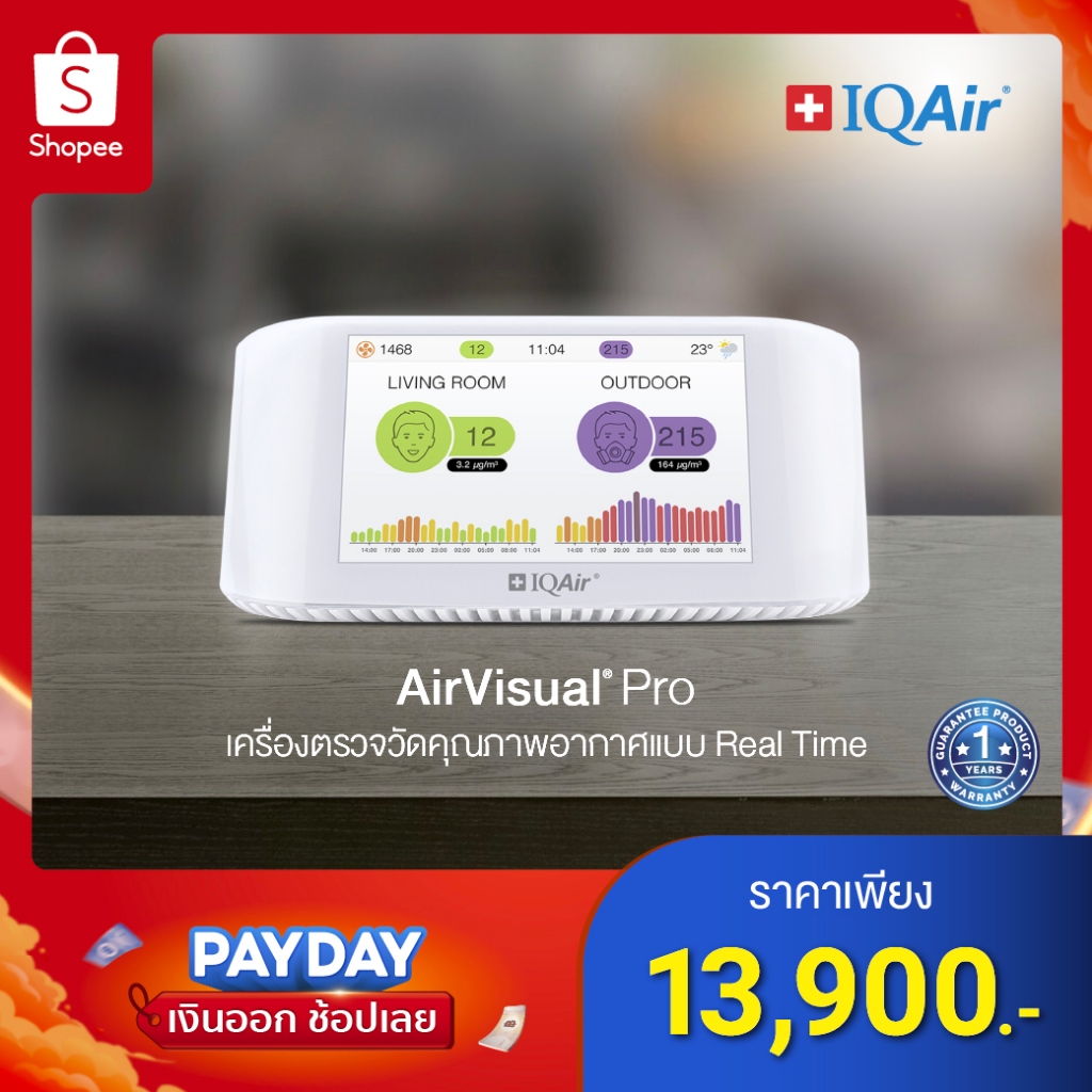 IQAir AirVisual Pro เครื่องตรวจวัดคุณภาพอากาศ แบบ Real Time - รับประกัน 1 ปี