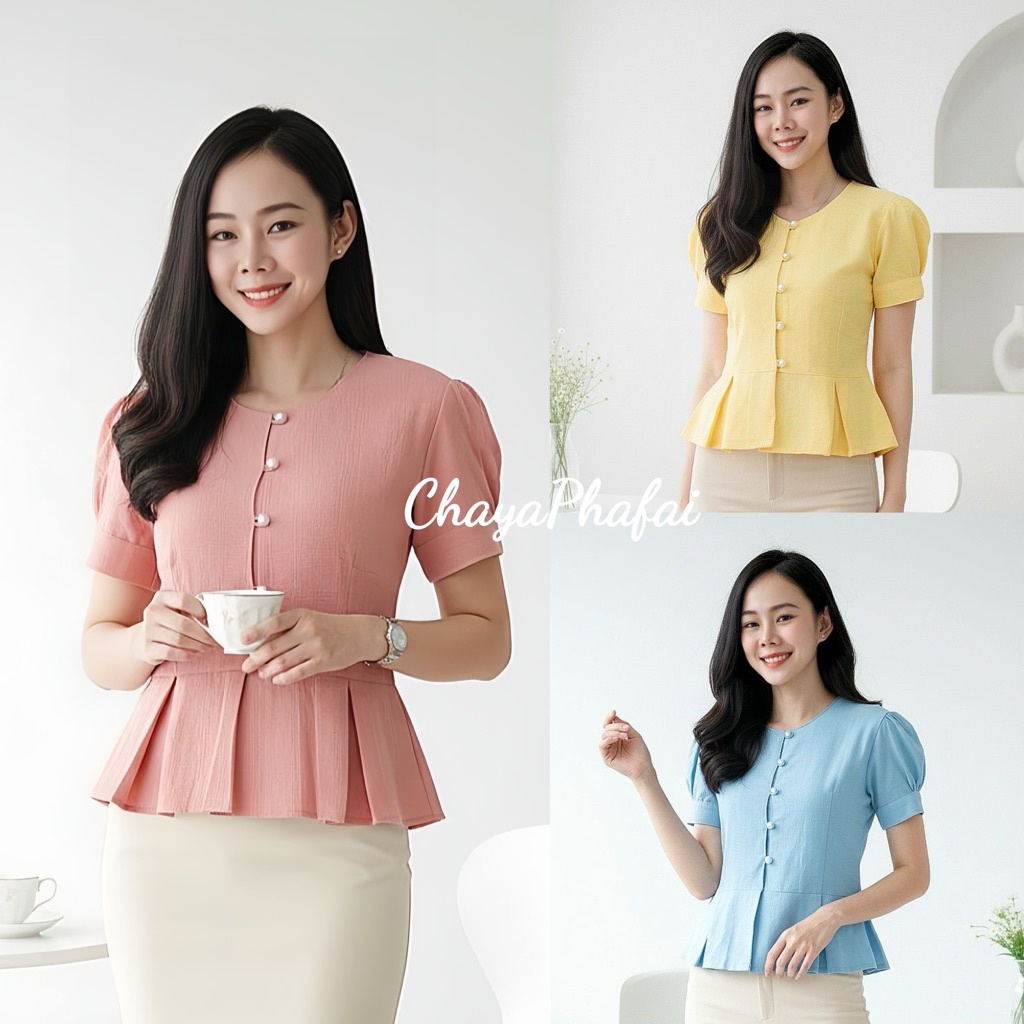 เสื้อผ้าฝ้ายคอกลมชายระบาย แขนตุ๊กตา