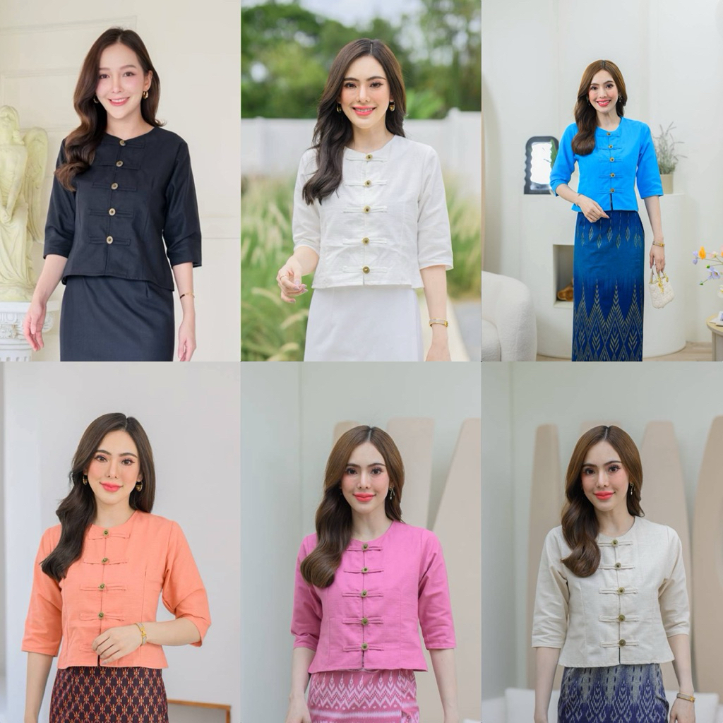 เสื้อผ้าฝ้ายคอกลมกาสะลอง แขนสามส่วน กระดุมเหรียญกระดิ่ง