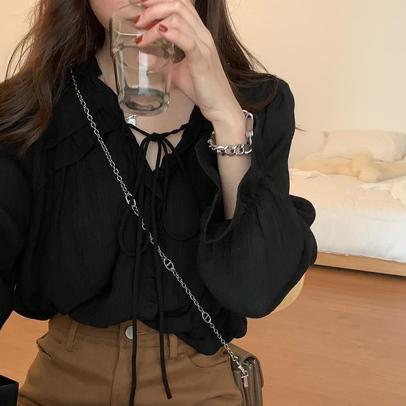 MONA~สีดำ สายรัด ลูกไม้ แขนยาว เสื้อเชิ้ต รุ่นใหม่ สไตล์แฟชั่น ราคา ถูกที่สุด ดีลบีเคเค แกลเลอรีภาพที่ 2