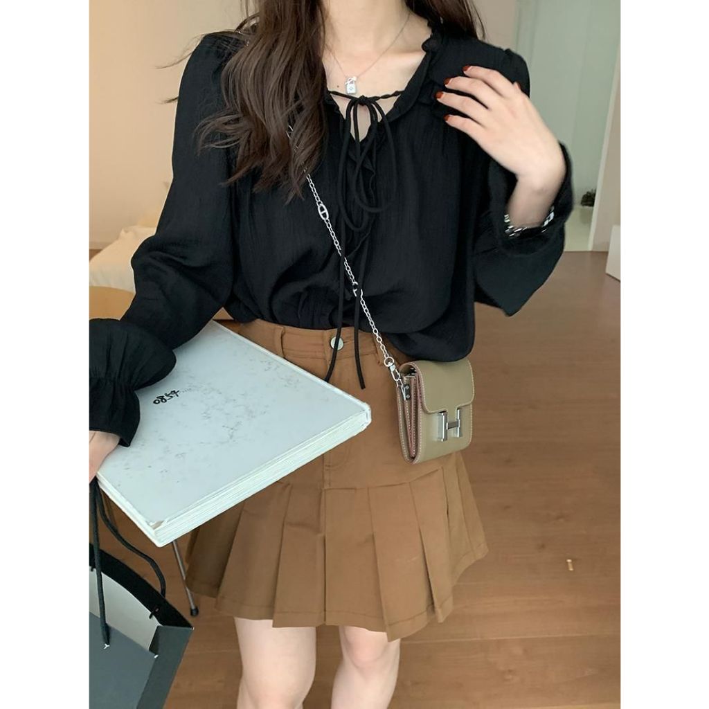 MONA~สีดำ สายรัด ลูกไม้ แขนยาว เสื้อเชิ้ต รุ่นใหม่ สไตล์แฟชั่น ราคา ถูกที่สุด ดีลบีเคเค แกลเลอรีภาพที่ 4