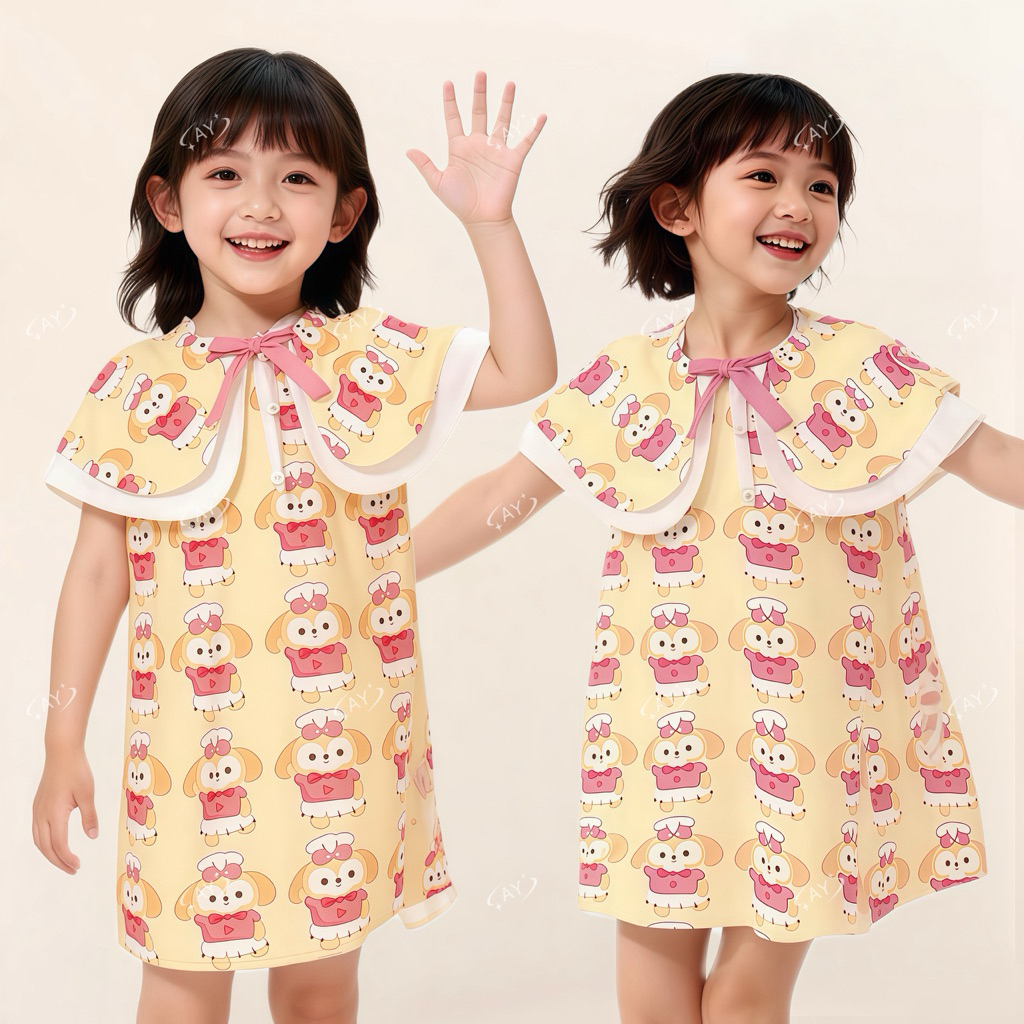 AY111 ชุดเดรสเด็กผู้หญิง ลายการ์ตูนน้องหมา สีเหลืองสดใส น่ารัก ใส่สบาย 🐶💛