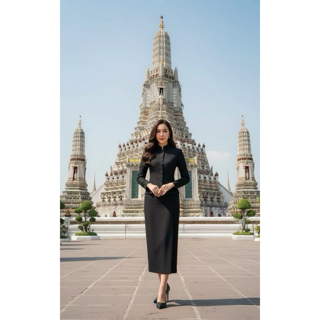 KSPC46 เซตจิตรดาผ้าไหมญี่ปุ่น เสื้อแขนยาว กระดุมหน้า กระโปรงยาว มีซิปซ่อนด้านหลัง งานสีดำล้วน (S-5XL)