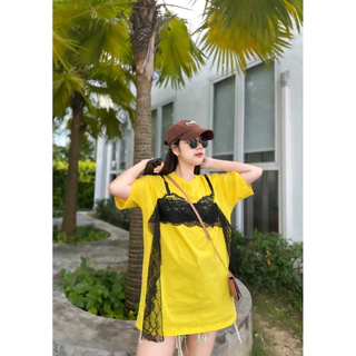 เสื้อยืดแฟชั่นผ้าCotton สกรีนบราตกแต่งลูกไม้