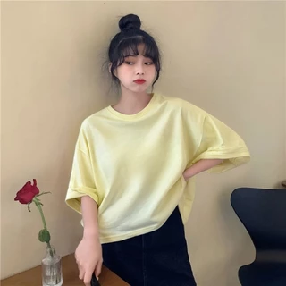 เสื้อครอปสาวอวบน่ารัก สีพื้น oversize เสื้อผ้าคนอ้วนไซส์ใหญ่ เสื้อยืดแขนสั้นแบบหลวมผู้หญิงแฟชั่นมาใหม่สวยๆ ลำลอง สีดำ