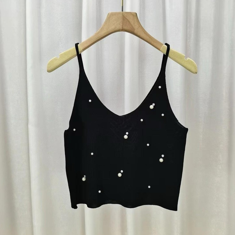 Gamin-0720 เสื้อสายเดี่ยวไหมพรม เนื้อผ้านิ่ม สีพื้น แต่งเพชร ทรงสวย แมทช์ง่าย (Y2921)