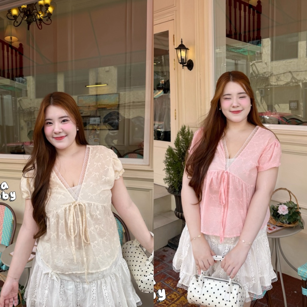 Bowly top - เสื้อคอวีแต่งลูกไม้ฟรีไซส์ อก 38-50 นิ้ว เสื้อสาวอวบ อกใหญ่ เสื้อไซส์ใหญ่