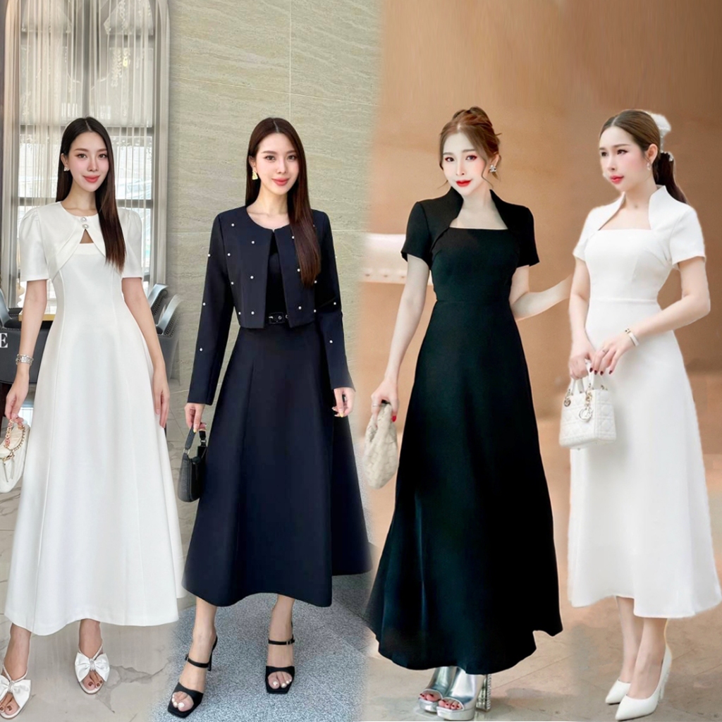 S-XXL ชุดเดรสยาว สีขาว, สีดำ กระโปรงทรงเอบาน ใส่ไปงานแต่ง งานบวช ทำบุญ งานศพ งานขาวดำ