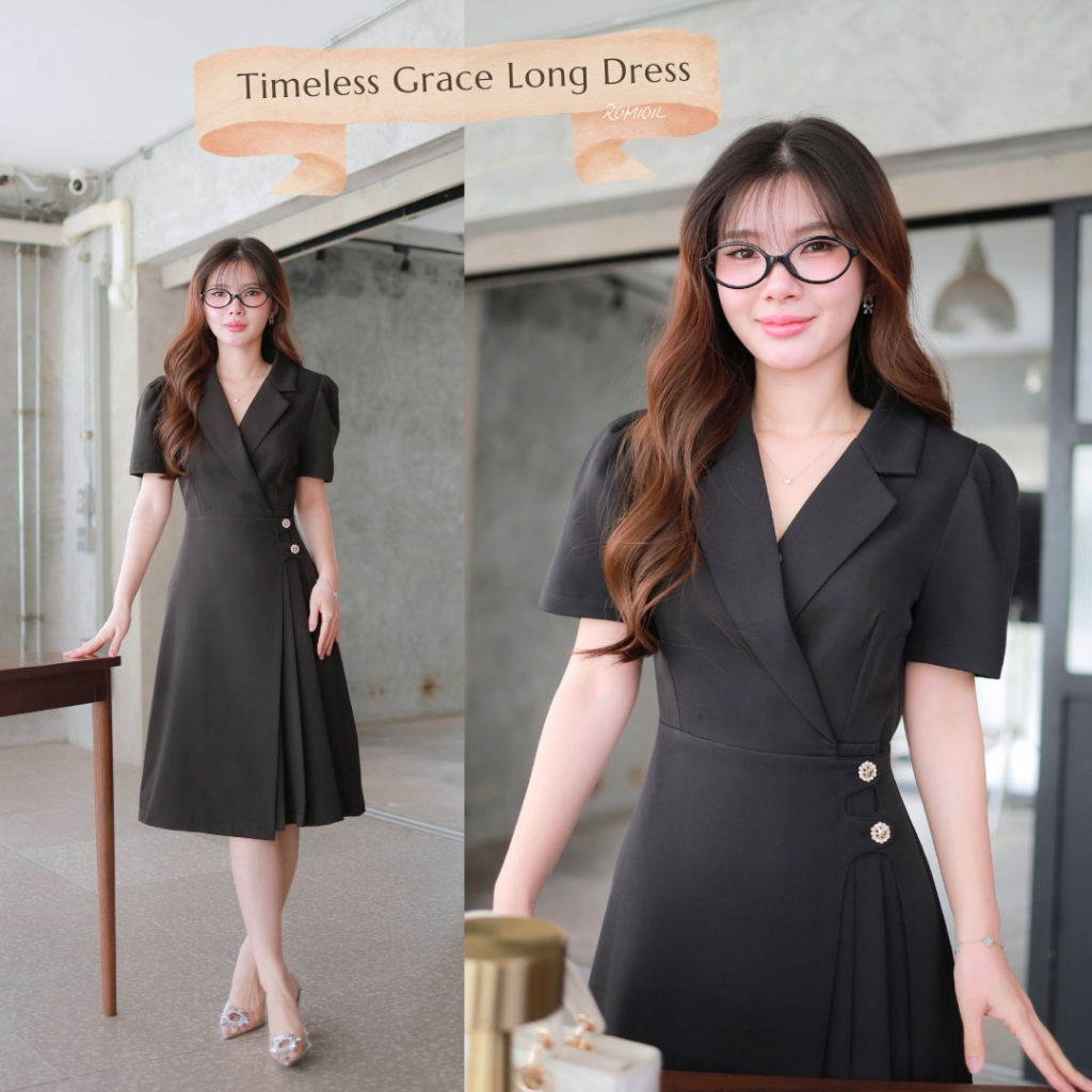 (ยาว 40 นิ้ว) "Romi"Oil" Timeless Grace Long Dress (black) K333 ชุดเดรสสีดำ (แต่งกระดุมดอกไม้กระโปรง