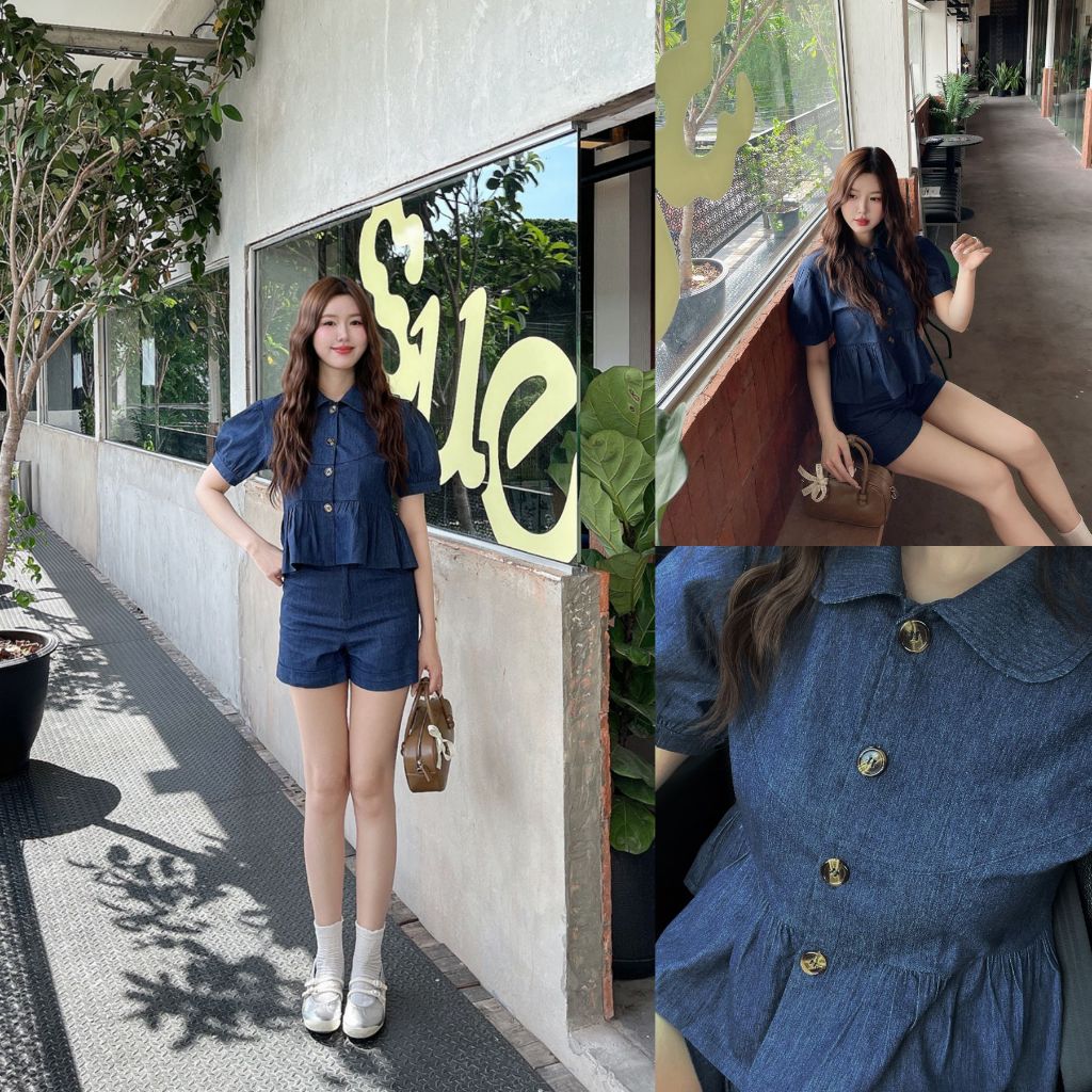 ส่งด่วน 🚨 SLYQ MADE 🍀 PUMPKIN DENIM TOP & SHORTS SET ชุดเซ็ทผ้ายีนส์แขนตุ๊กตากับกางเกงขาสั้น