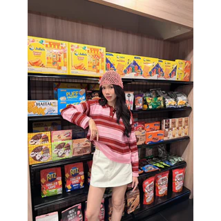 BY IRA Friday Sweater เสื้อโปโลแขนยาวผ้าไหมพรมทอลายทาง กระดุมหน้า ผ้าดีมาก