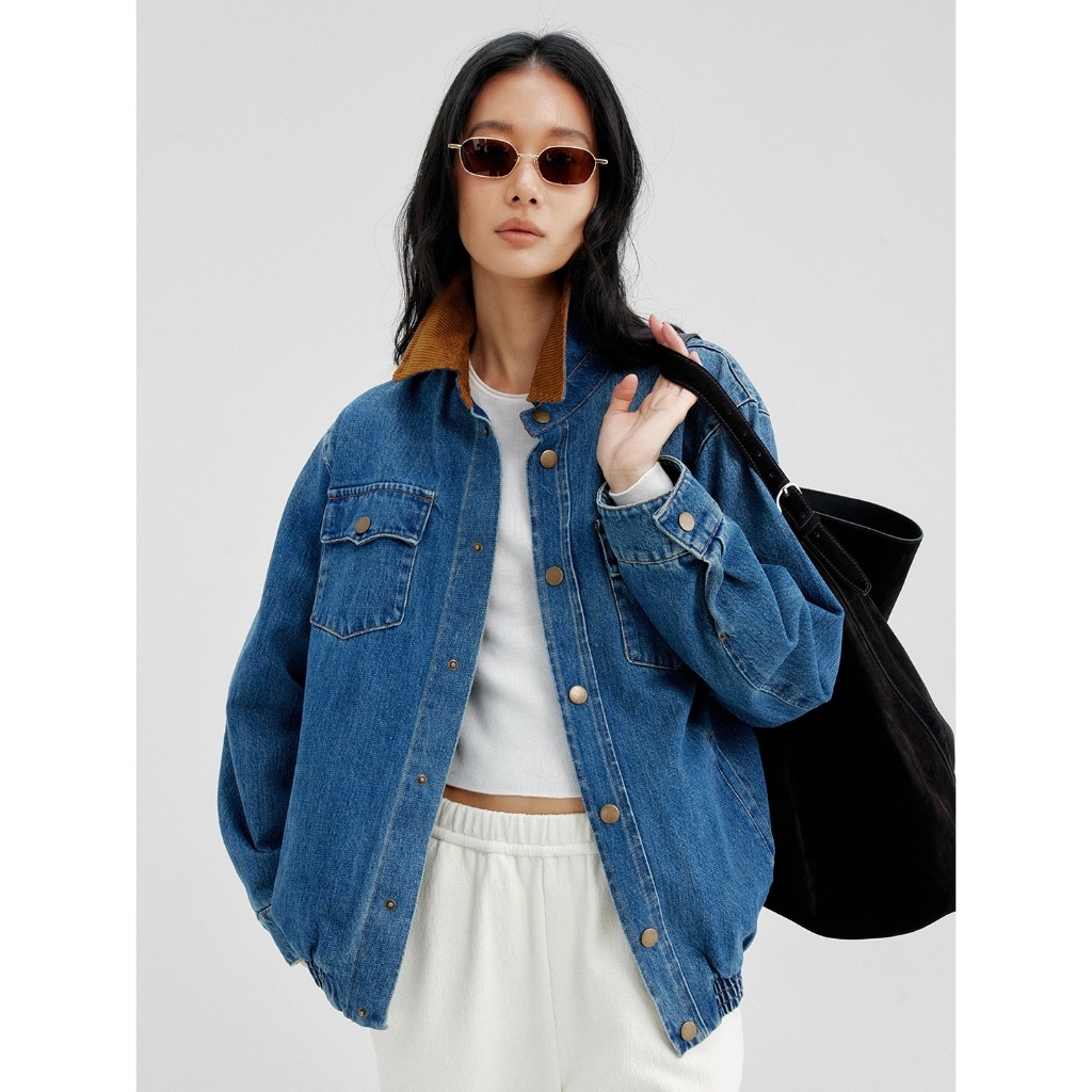 INBYIN - แจ็คเกตยีนส์ปกลูกฟูกสีน้ำตาล BIE PATCHWORK DENIM JACKET - B0628