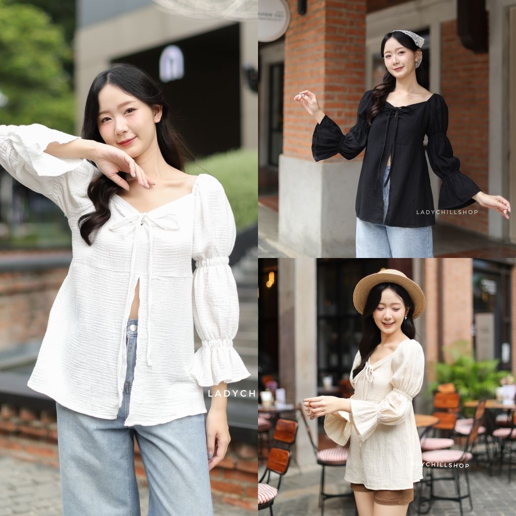 Yaya Top เสื้อแขนยาวผ้าสาลู2ชั้น สาวอวบใส่ได้ ใส่ไปทะเล.คาเฟ่