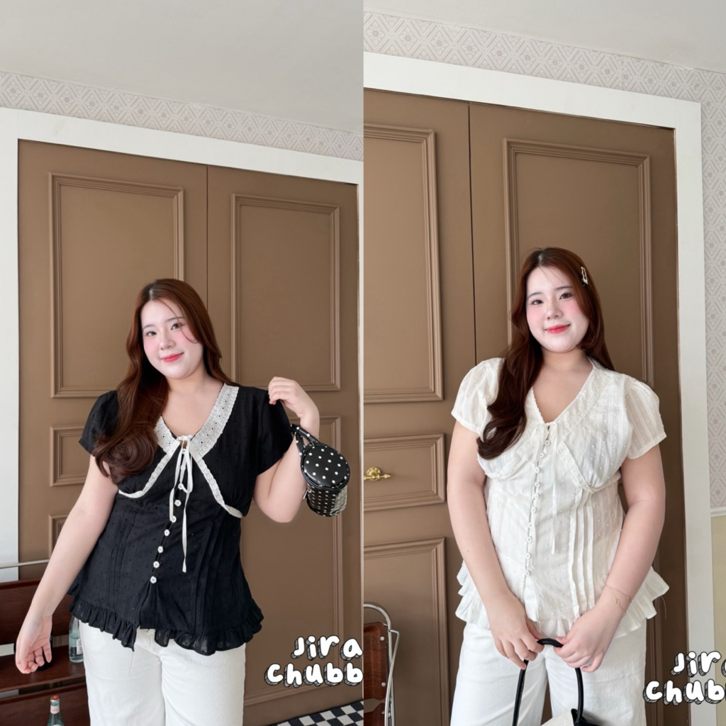 Lace Dot Top - เสื้อสาวอวบ ผ้าฉลุ อกฟรีไซส์ 38-50 นิ้ว สีขาว/ดำ ใส่ได้ทุกโอกาส เสื้อสาวอวบ ไซส์ใหญ่.