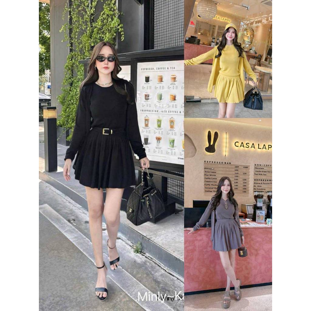 •MinlyKawaii• MK 15419 เสื้อแขนกุดงานถัก ผ้าดีมาก+กระโปรงมีซับ+เสื้อคลุม