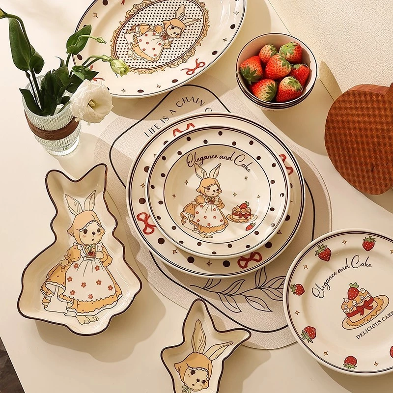 จาน ชาม เซรามิกคอลเลคชั่น Bunny มาพร้อมกับสีและ ลวดลายน่ารัก สไตล์วินเทจ เขาไมโครเวฟ ตู้เย็นได้ - รูปที่ 1
