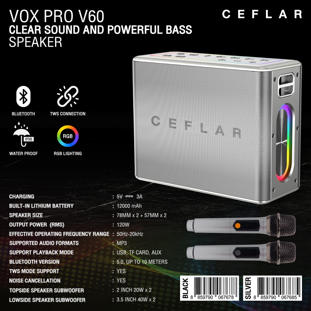 CEFLAR VOX PRO V60 ตู้ลำโพงบลูทูธ พร้อมไมโครโฟนไร้สายถือคู่ เหมาะกับการร้องคาราโอเกะ พกพาสะดวก