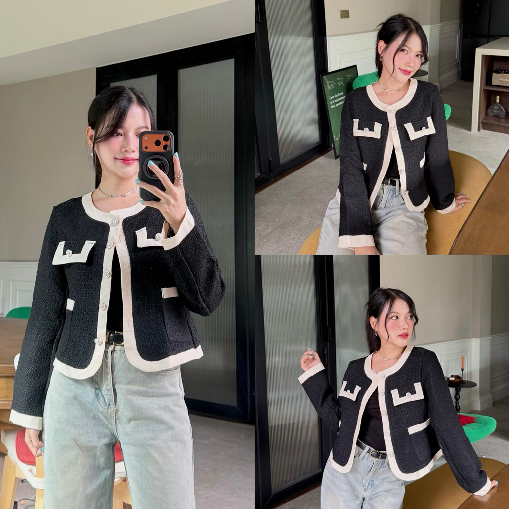 M43-เบลเซอร์ผ้าทวีตตัดขอบสีครีม รุ่น Classic Chic มีกระเป๋าลุคเรียบหรู ดูแพง