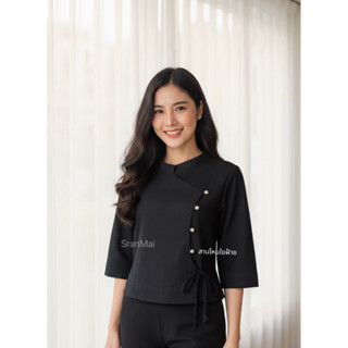 เสื้อผ้าฝ้าย คอจีนโค้งโบว์ผูกข้าง แขนยาว ไซส์34ถึง54