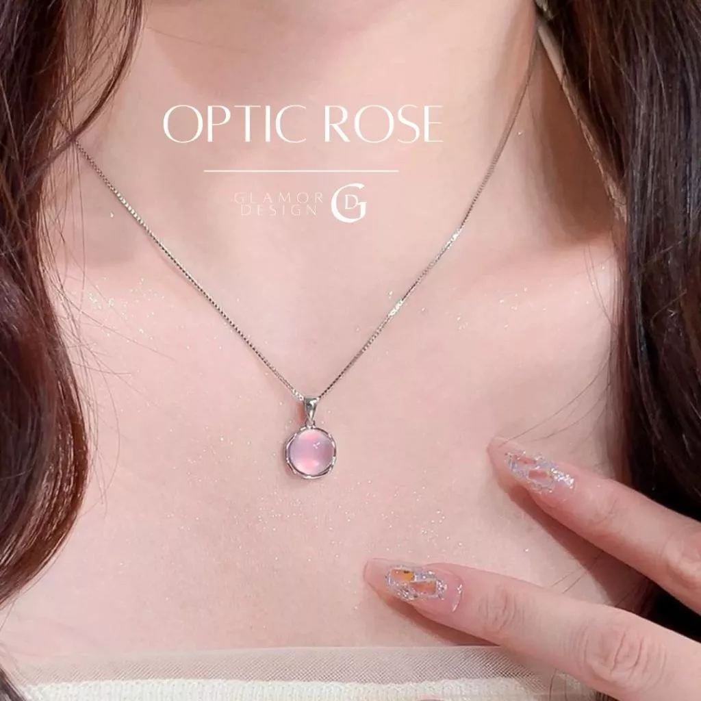 GLAMOR✨สร้อยคอเงิน Optic Rose สร้อยคอคริสตัลสีชมพูตาแมว มีระดับ สายเกาหลี ประณีต